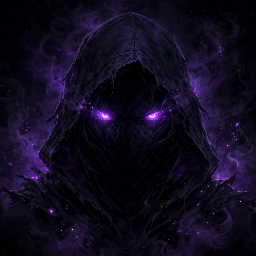 Dark discord pfp: hooded shadow figure with glowing purple eyes