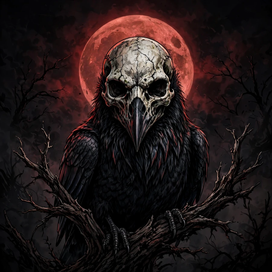 Discord profile picture: skull-faced raven under a blood moon