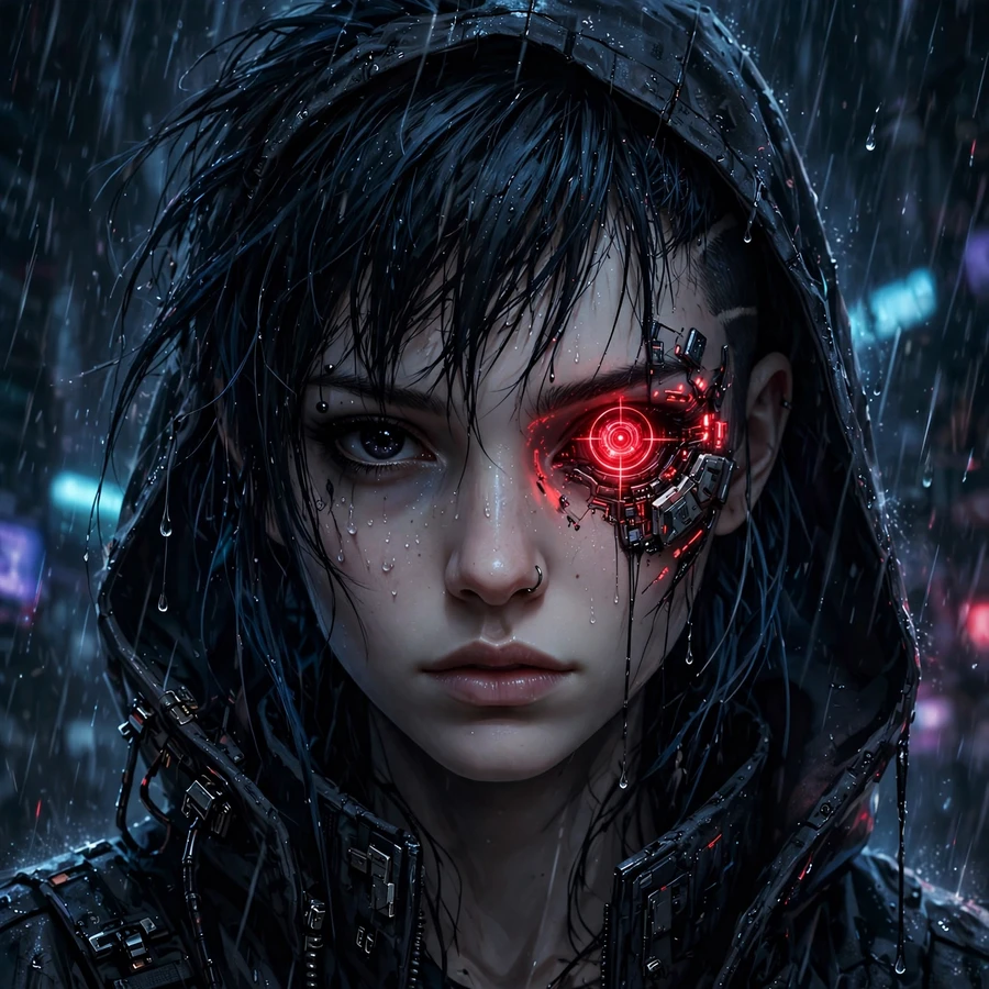 Pfp for discord: cyberpunk girl with glowing red cybernetic eye