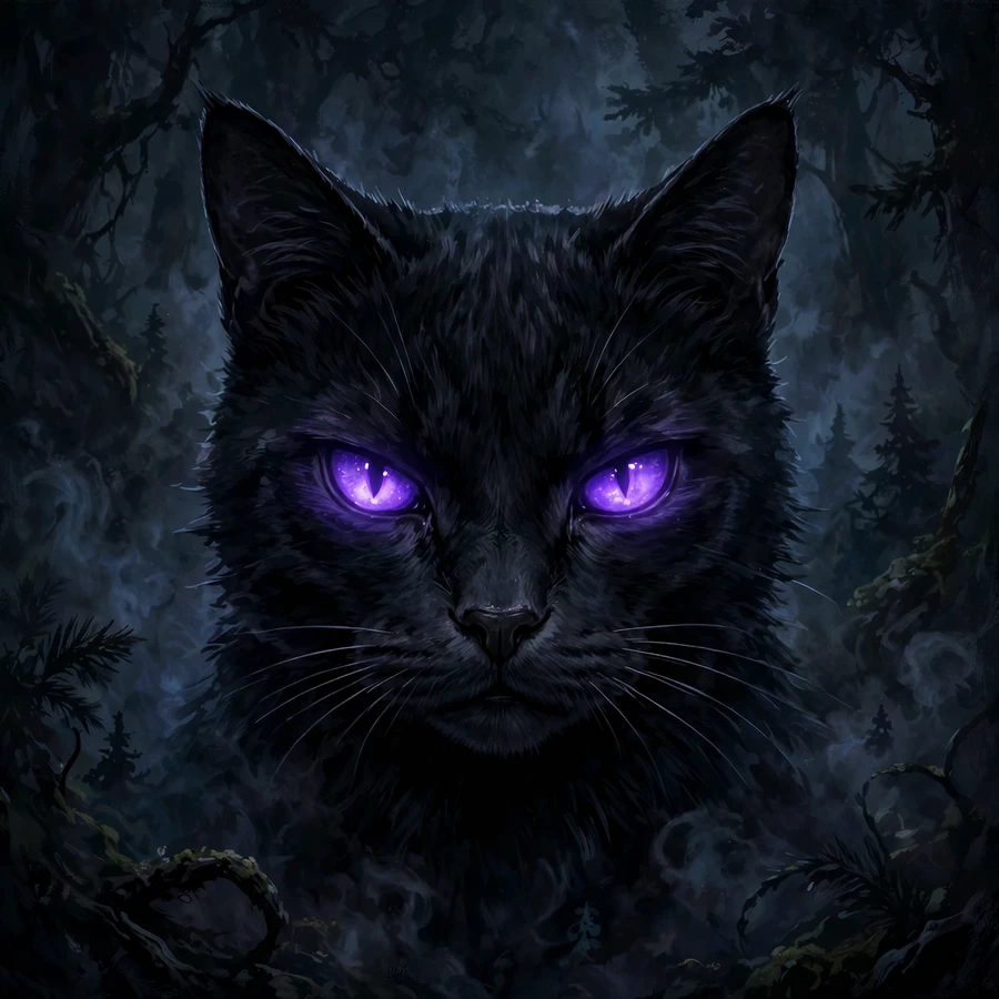 Dark discord pfp: black cat with glowing violet eyes in mist