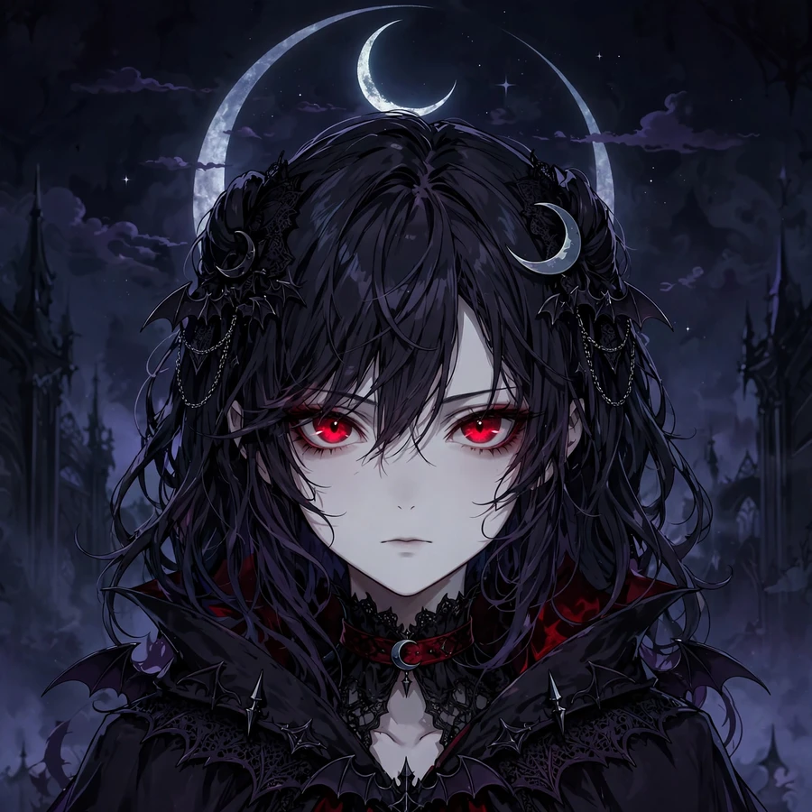 Discord profile picture: mysterious vampire girl under a crescent moon