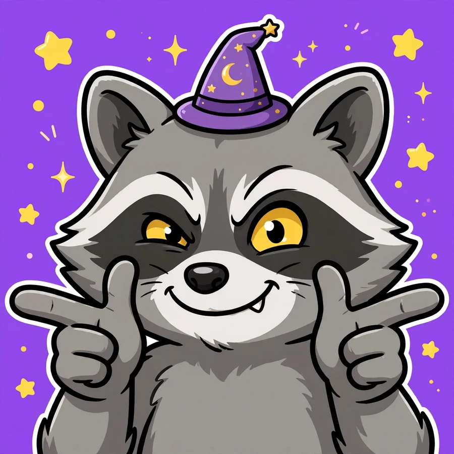 Funny discord pfp: mischievous raccoon wizard doing finger guns
