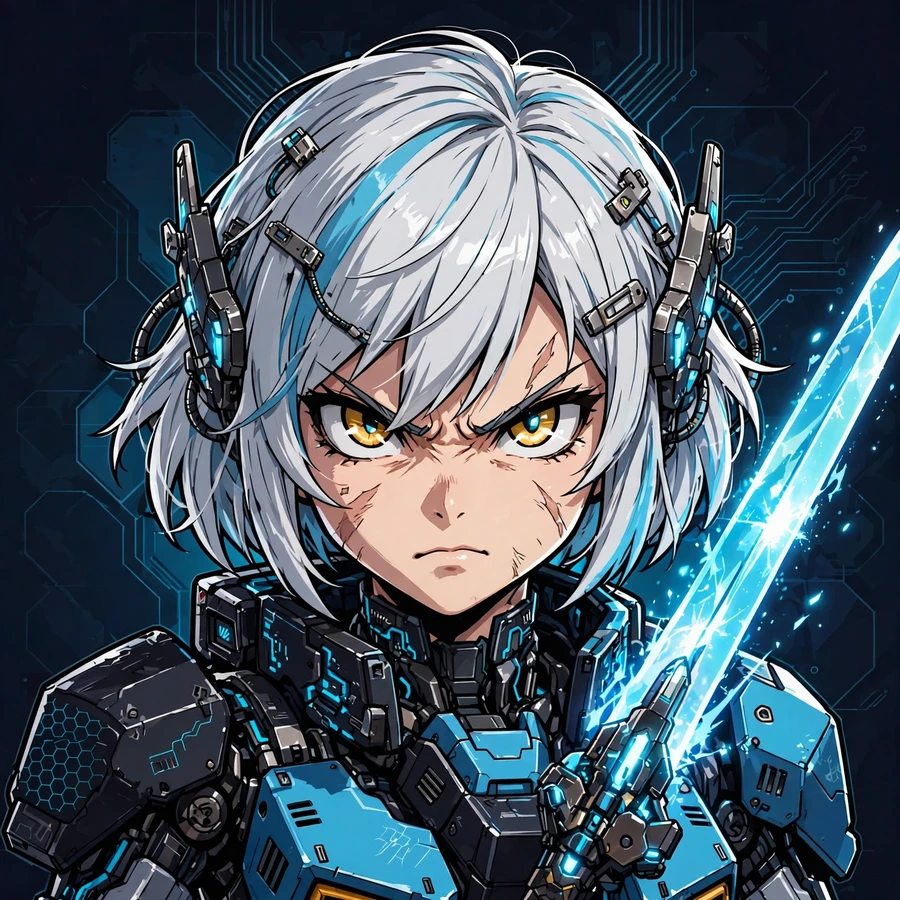 Discord profile picture: fierce mecha girl with glowing energy sword