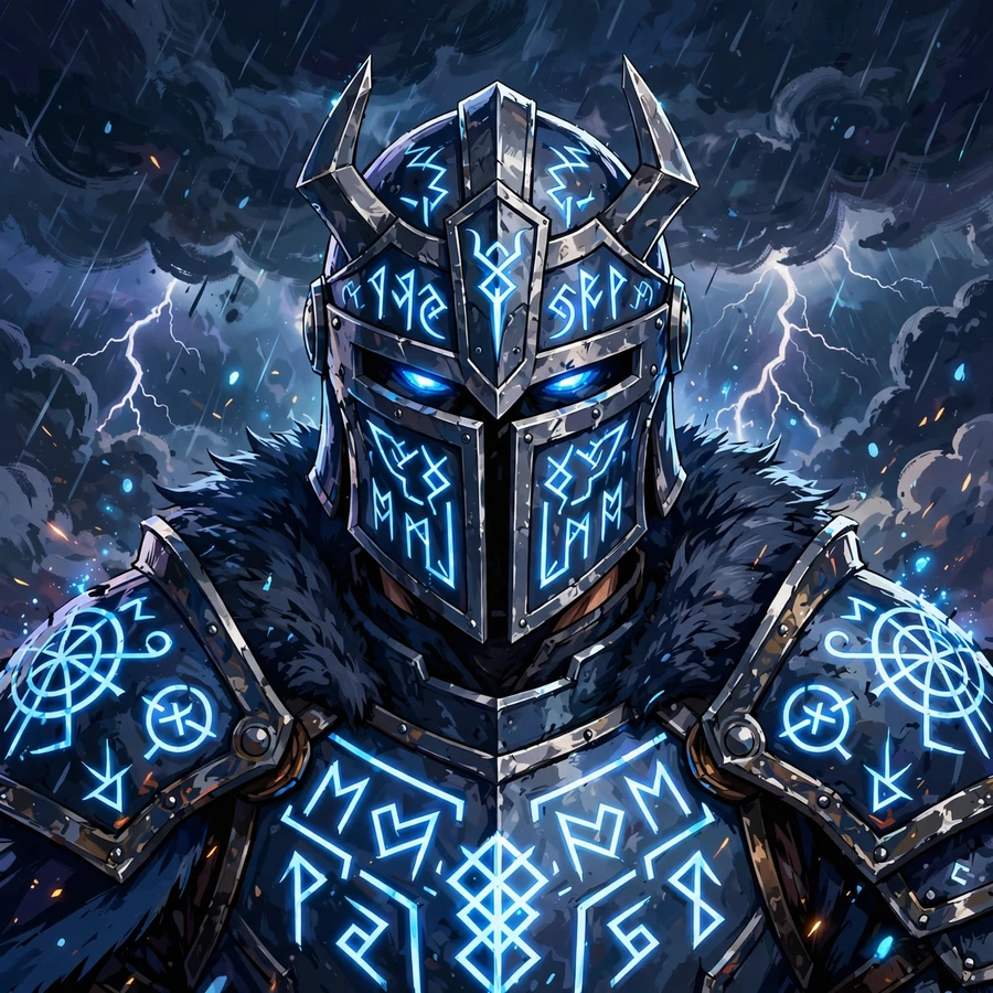 Discord profile picture: epic knight with glowing blue runes