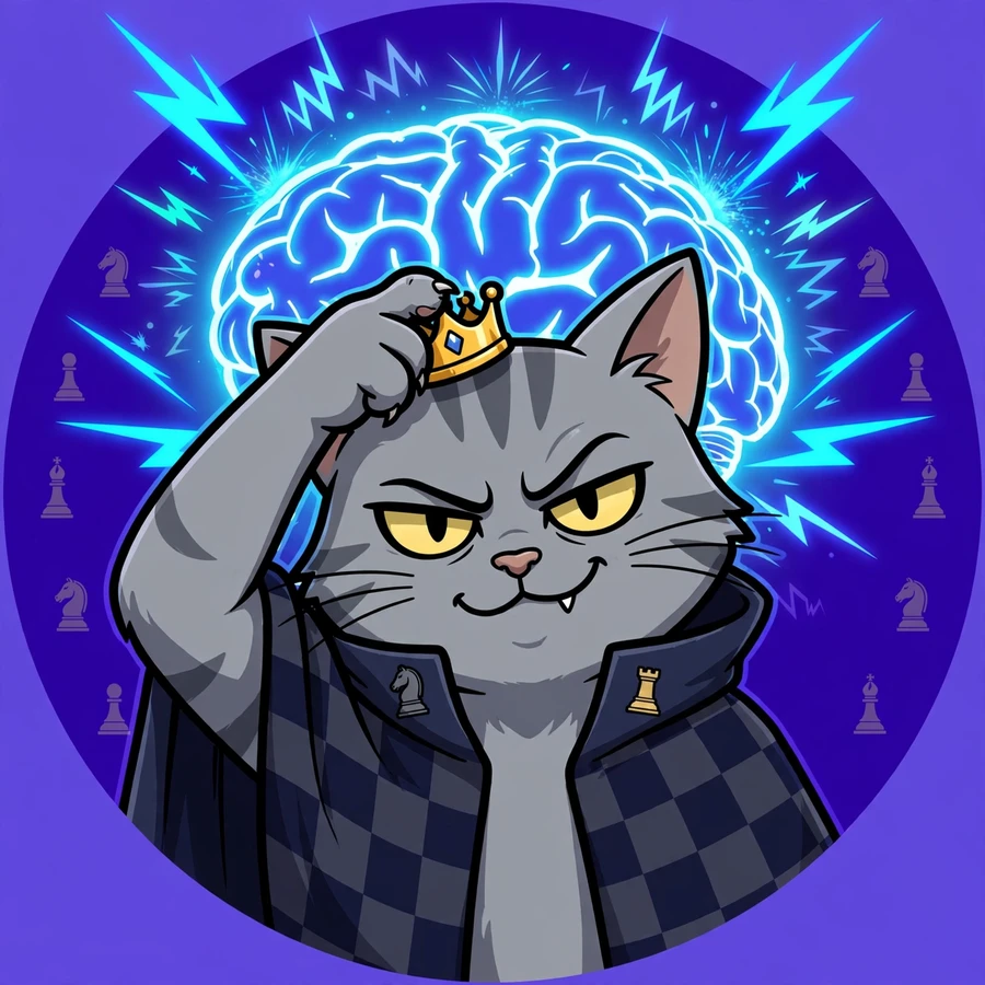 Discord pfp: smug chessmaster cat adjusting a tiny crown