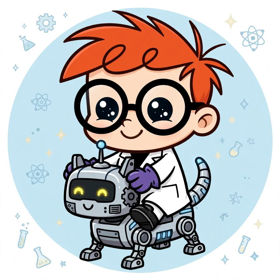 Dexter chibi pfp: original mini Dexter riding a robot dog
