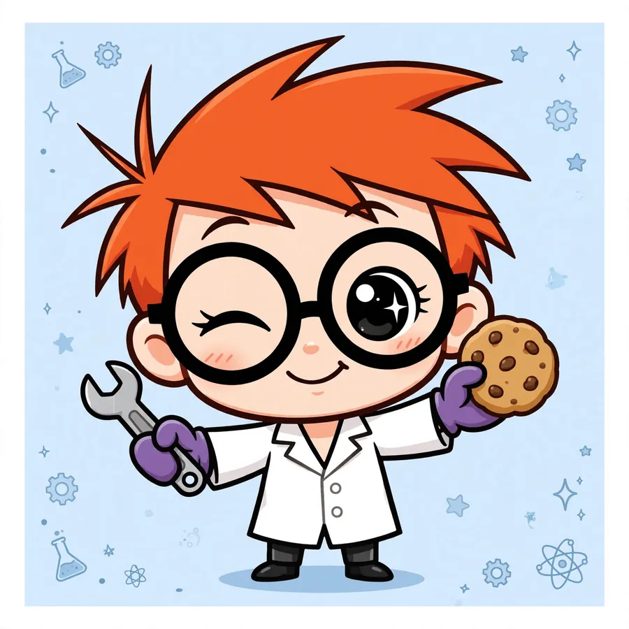 Chibi pfp Dexter: original tiny Dexter with cookie and wrench wink