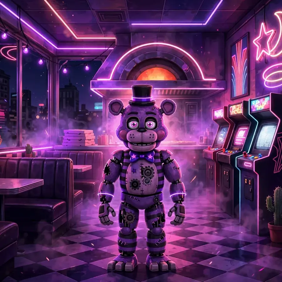Aesthetic fnaf pfp: original pizzeria with vaporwave lights and animatronic