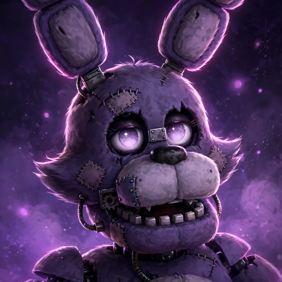 Pfp fnaf aesthetic: original glowing animatronic eyes in purple haze