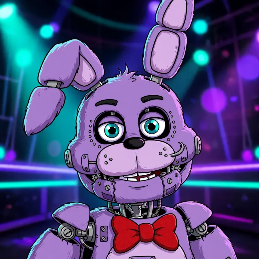 Pfp fnaf: original Bonnie animatronic with red bow tie under stage lights