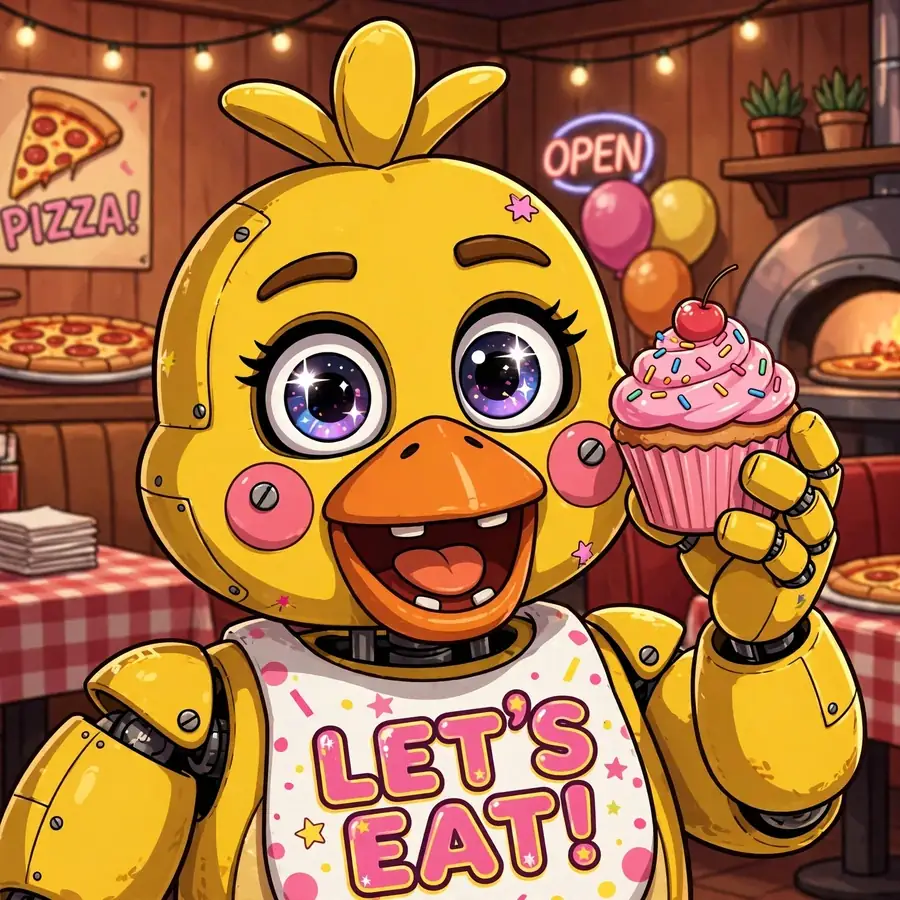 Chica fnaf pfp: original yellow chicken animatronic holding a cupcake
