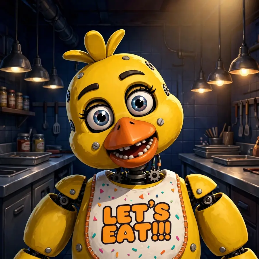 Pfp fnaf: original Chica animatronic in the kitchen with cheerful expression