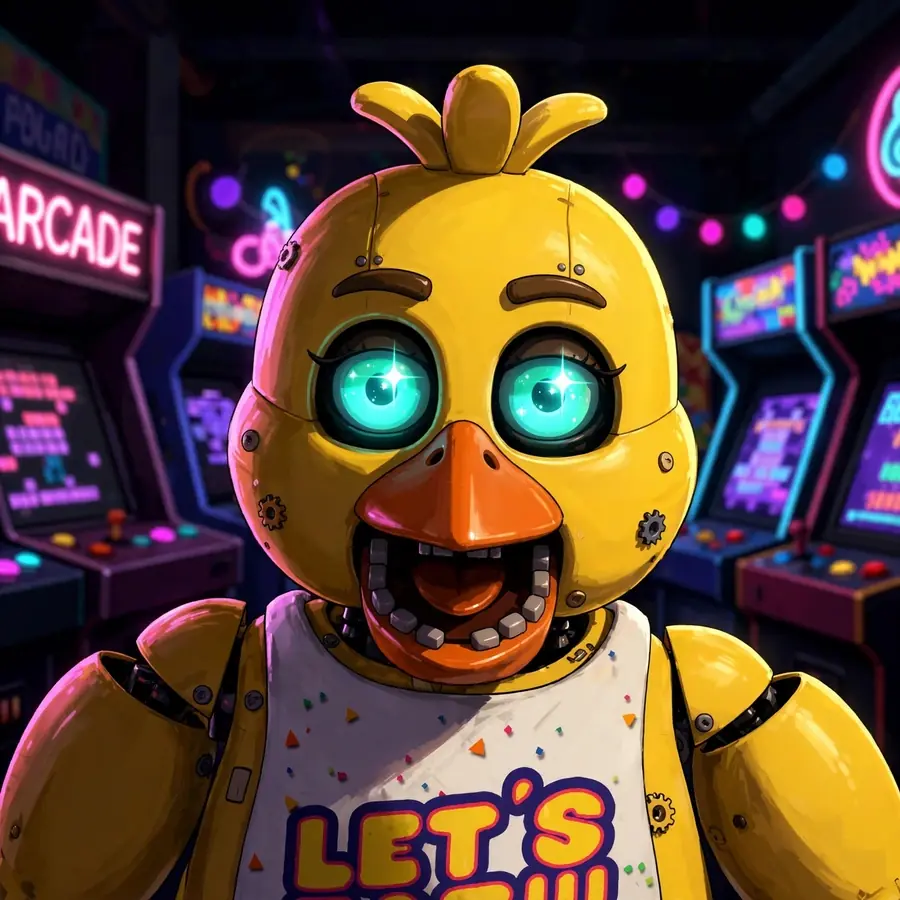 Fnaf pfps: original Chica animatronic with LET'S EAT bib