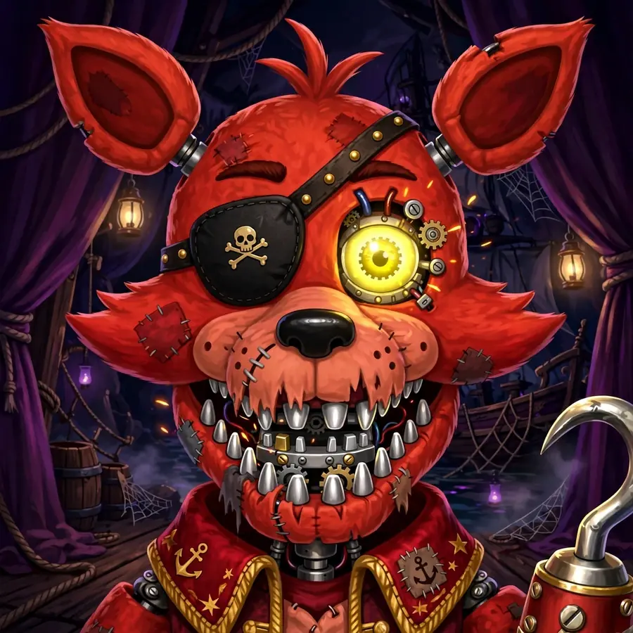 Fnaf pfp: original Foxy the Pirate Fox animatronic close-up with eyepatch