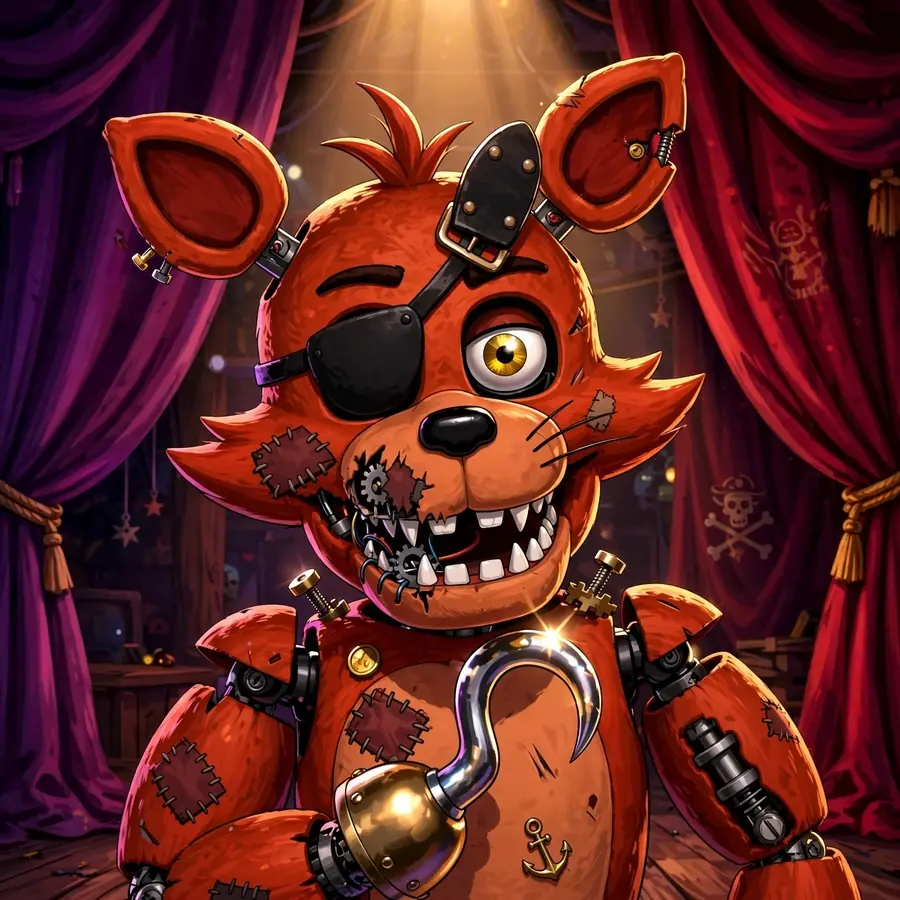 Pfp fnaf: original Foxy animatronic in Pirate Cove with curtains