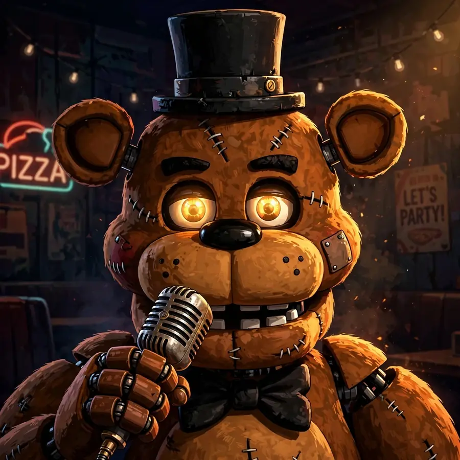 Fnaf pfp: original Freddy Fazbear animatronic close-up portrait with top hat