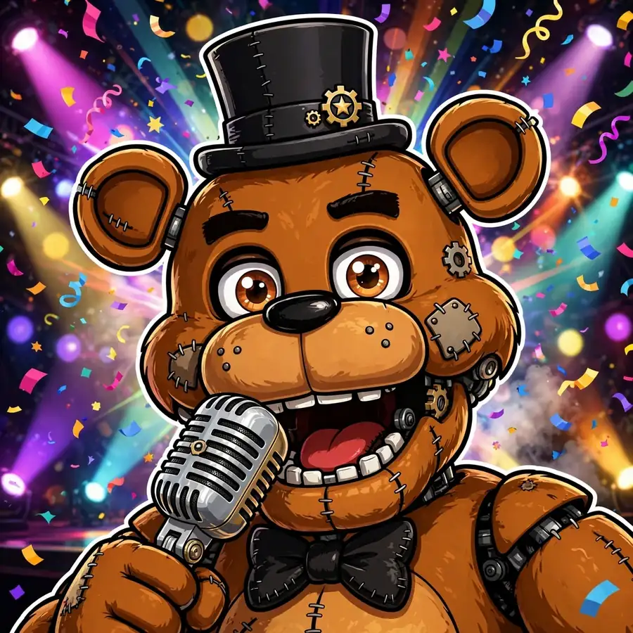 Freddy fnaf pfp: original brown bear animatronic performing on stage with microphone