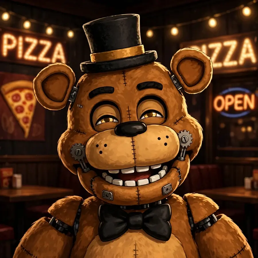 Pfp fnaf: original Freddy Fazbear smiling with dramatic stage lighting