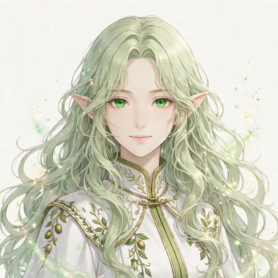 Frieren pfp aesthetic: original pale green curls with gold embroidery