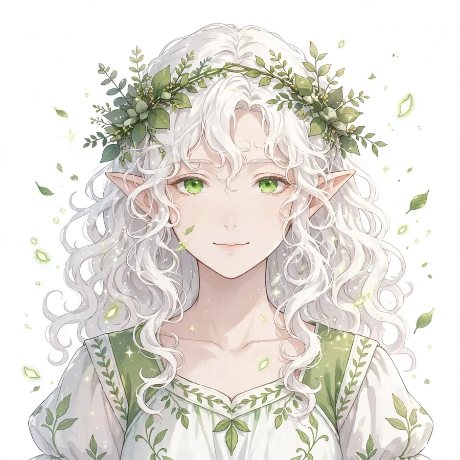 Aesthetic Frieren pfps: original leaf crown and curly white hair