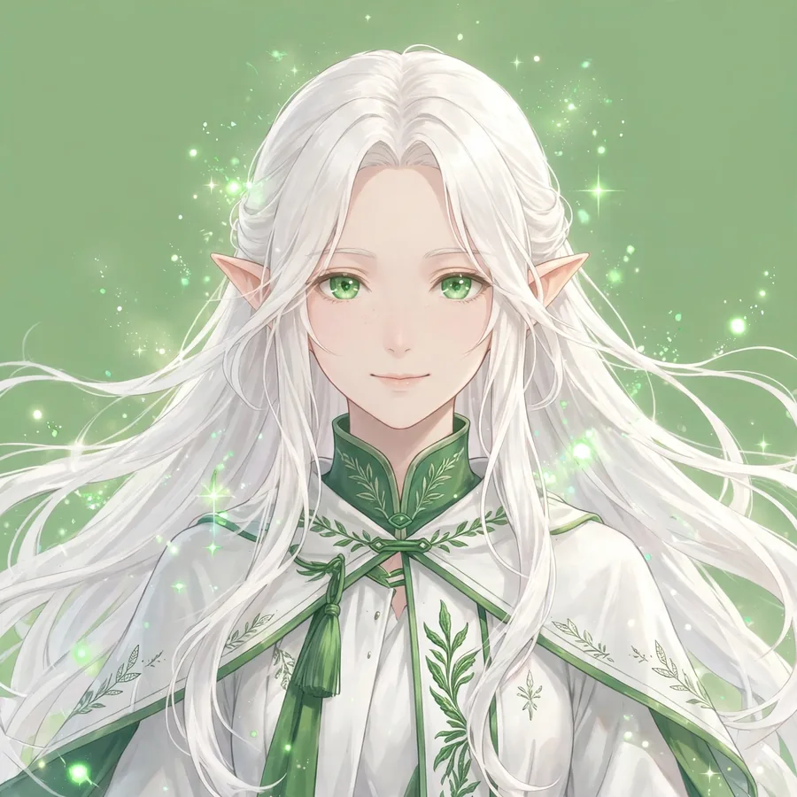 Classic Frieren pfp: original flowing white hair portrait with green sparkles
