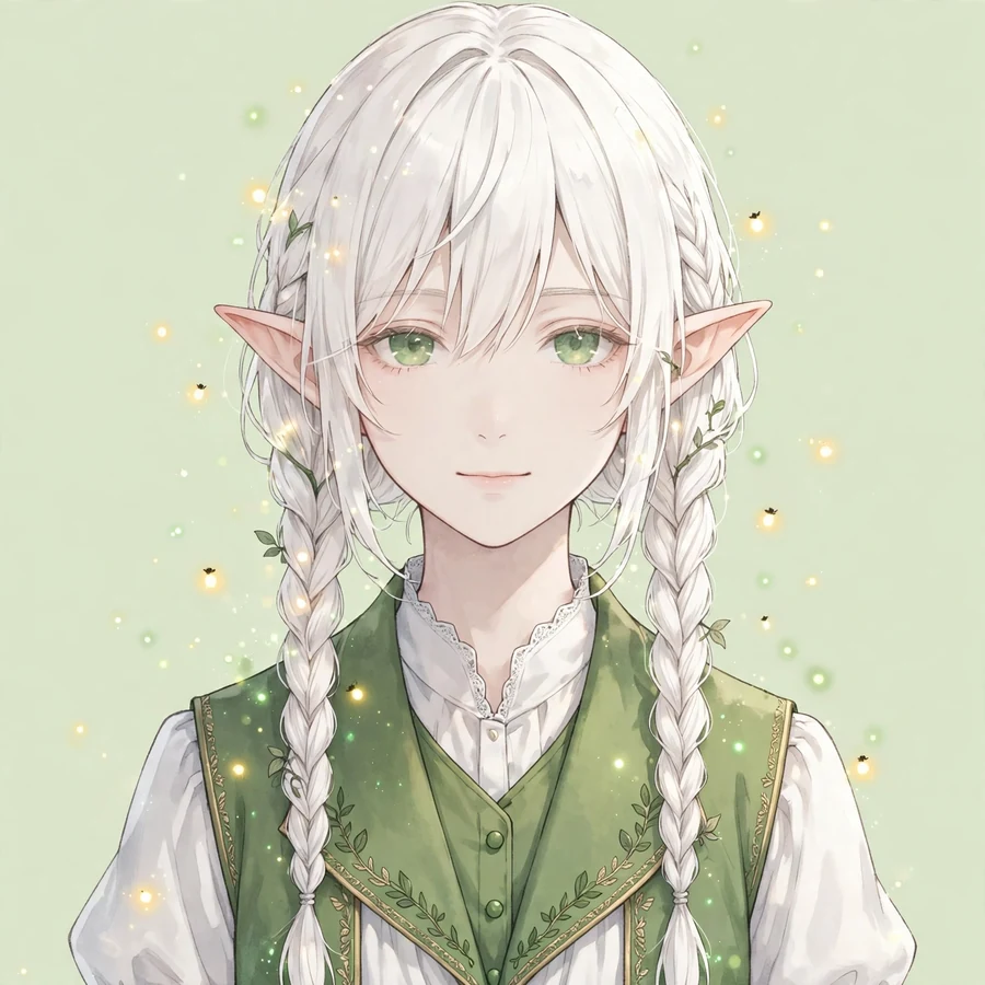 Cute Frieren pfp: original twin braids with a green vest