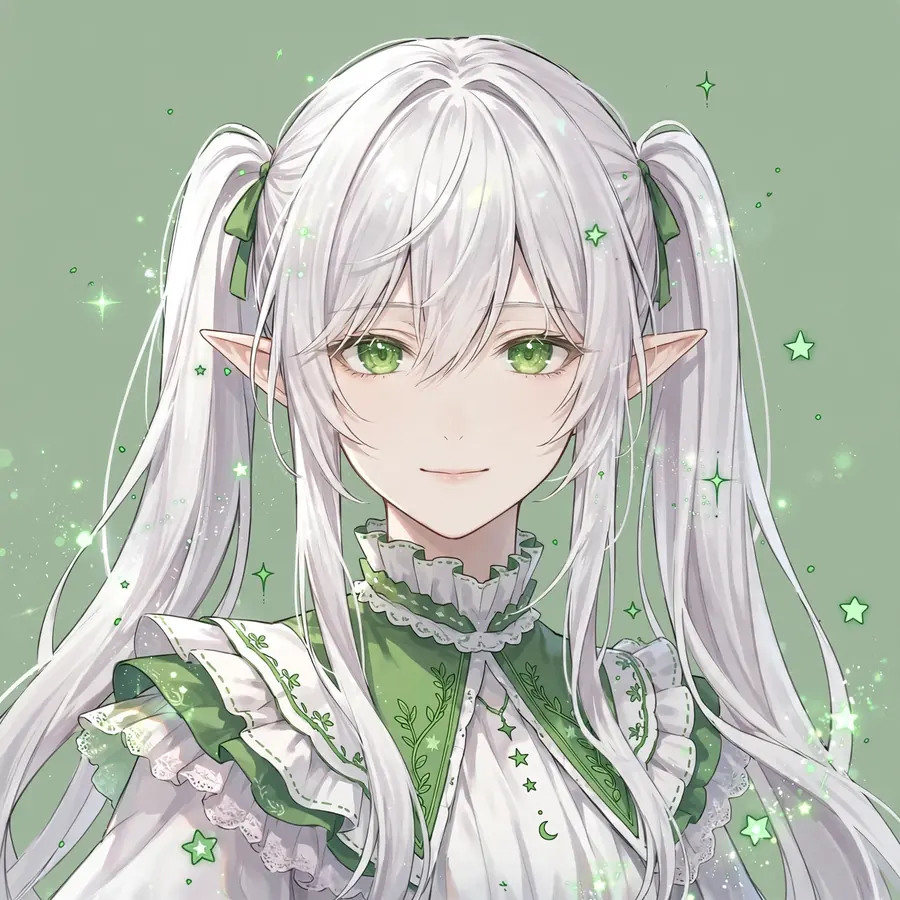 Cute Frieren pfps: original twin tails with a frilled green dress