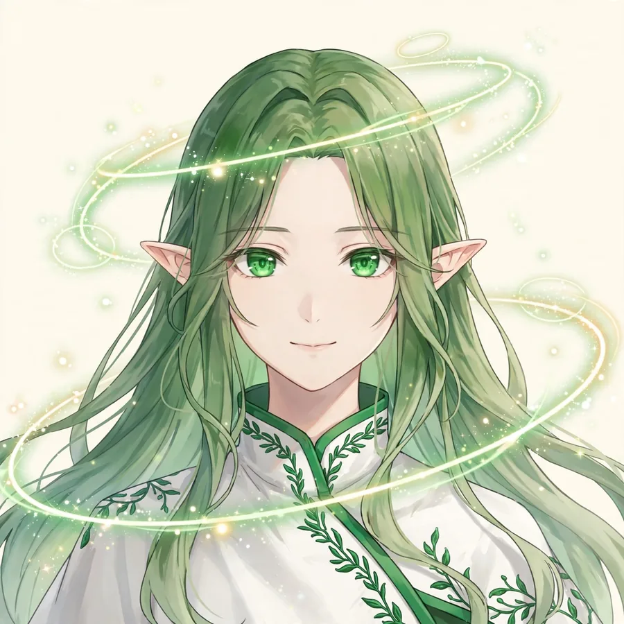 Green Frieren pfp: original long green hair with swirling light rings
