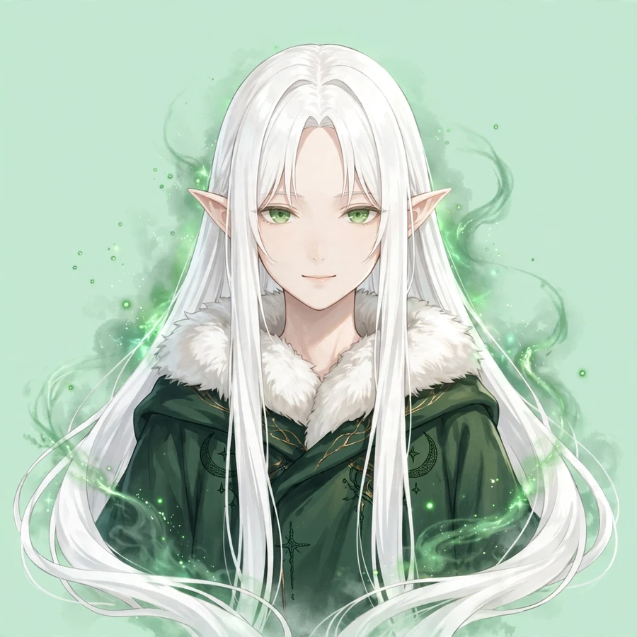 Green Frieren pfps: original dark fur-collared cloak with green mist
