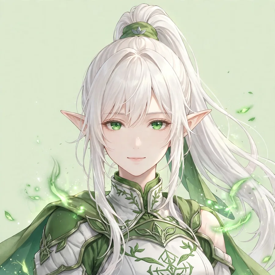 Frieren green pfp: original high ponytail with ornate armor