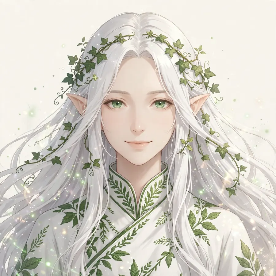 Hooded Frieren pfps: original ivy circlet with a white leaf-pattern robe