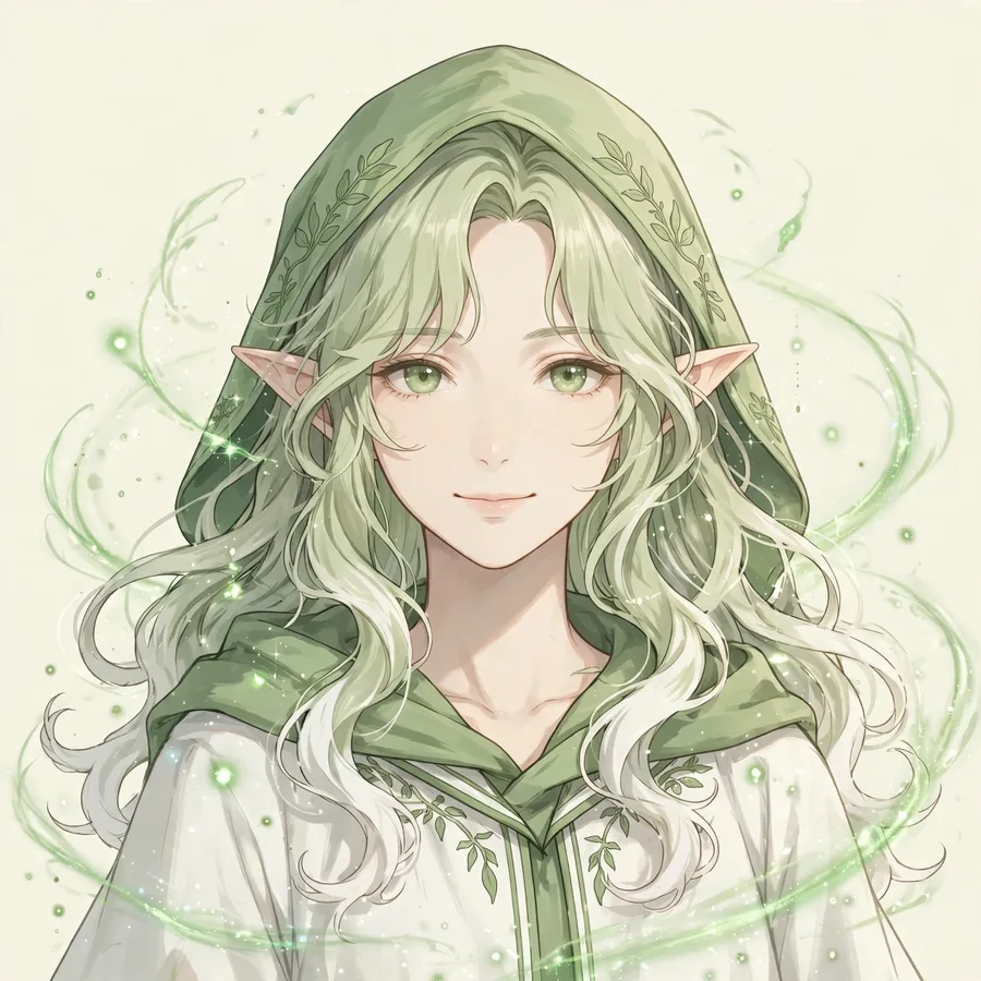 Frieren pfp hooded: original soft green hood with wavy ash hair