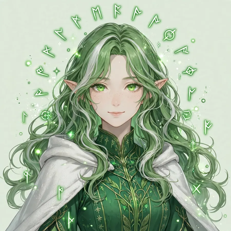 Frieren pfp spells: original green curls ringed by glowing runes