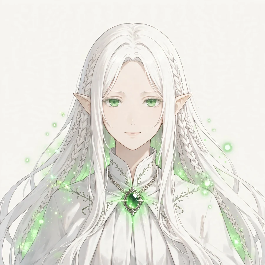 Melancholy Frieren pfps: original thin braids with a glowing green gem