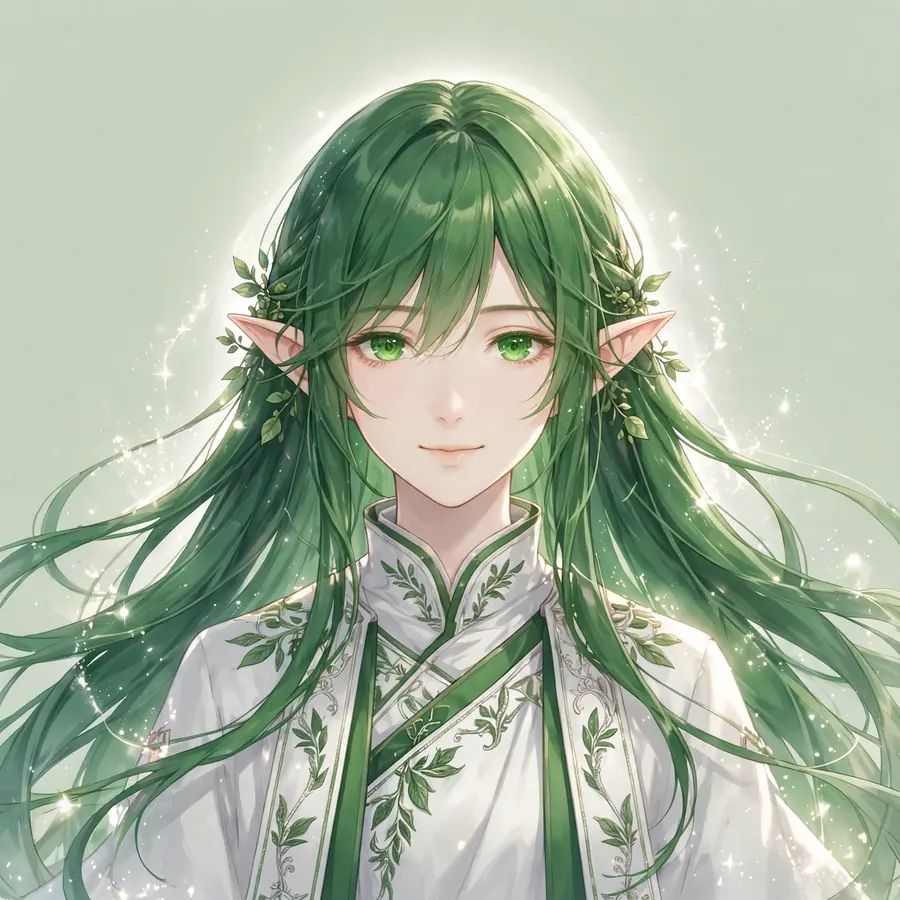 Frieren smiling pfp: original deep green hair with a leaf crown smile