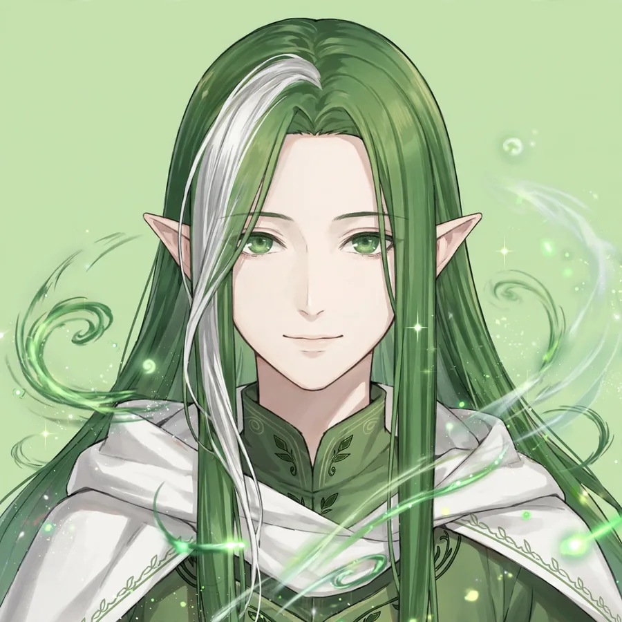 Smiling Frieren pfps: original long green hair with a white cape