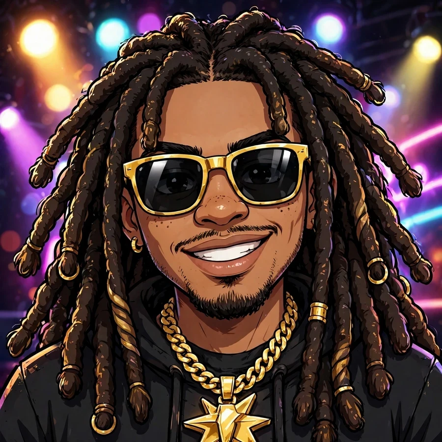 Cool pfp: cartoon rapper with dreads, gold chain and sunglasses