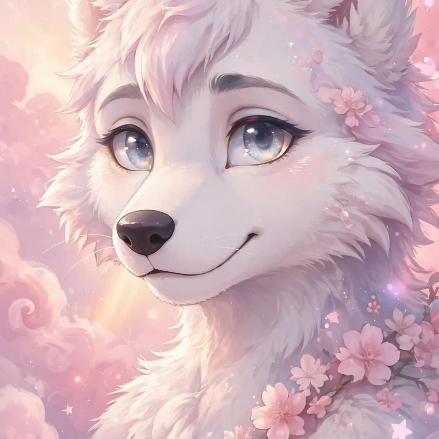 Aesthetic furry pfp: original white wolf furry in pastel pink clouds