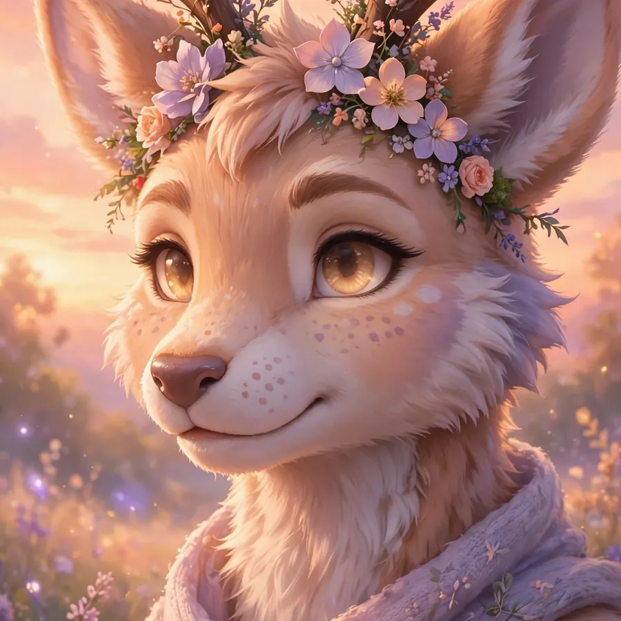 Aesthetic furry pfp: original deer furry at sunset in peach and lavender