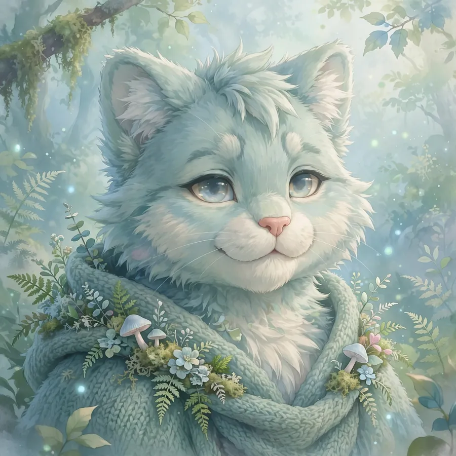 Aesthetic furry pfp: original cat furry in a misty pastel forest