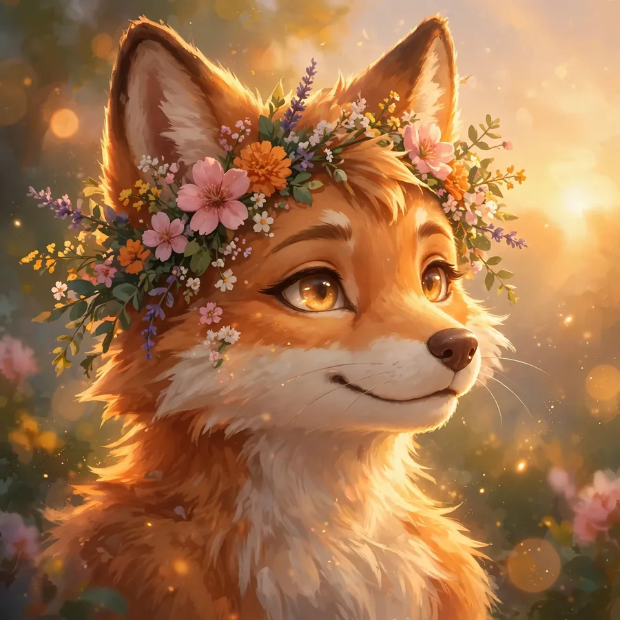 Aesthetic furry pfp: original fox furry with flowers in golden hour light