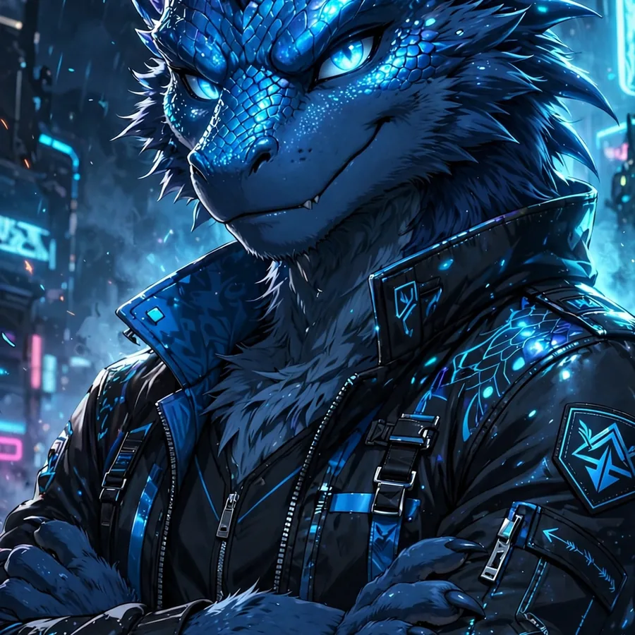 Cool furry pfp: original dragon furry with neon blue scales