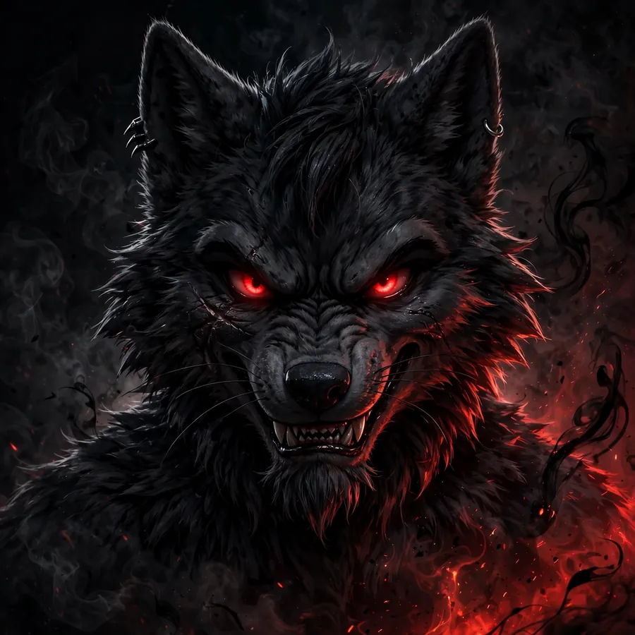 Dark furry pfp: original black wolf furry with glowing red eyes in darkness