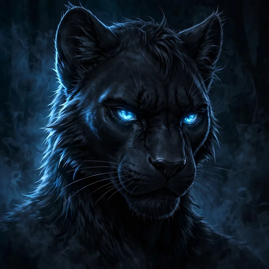 Dark furry pfp: original black panther furry with glowing blue eyes