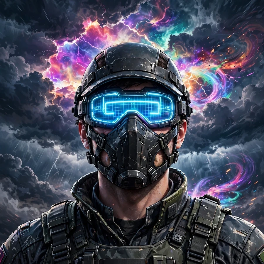 Cool fortnite pfp: masked soldier with glowing visor under a stormy rift sky