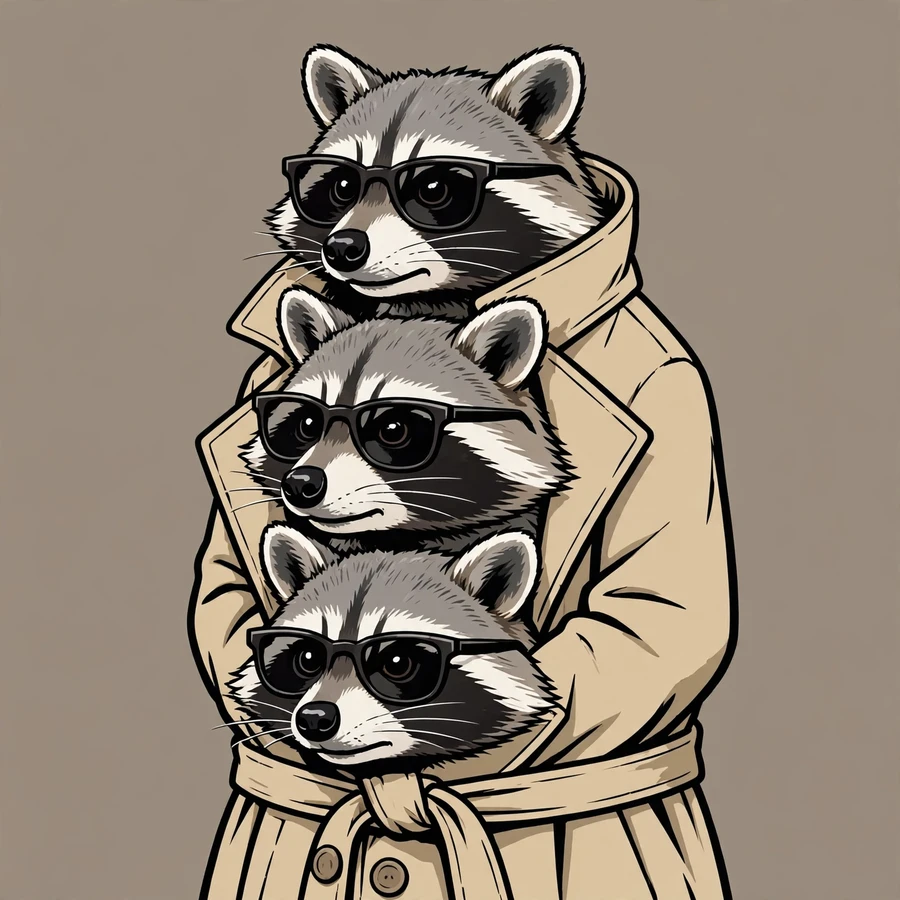 Funny group chat pfp of three raccoons stacked in a trench coat with sunglasses