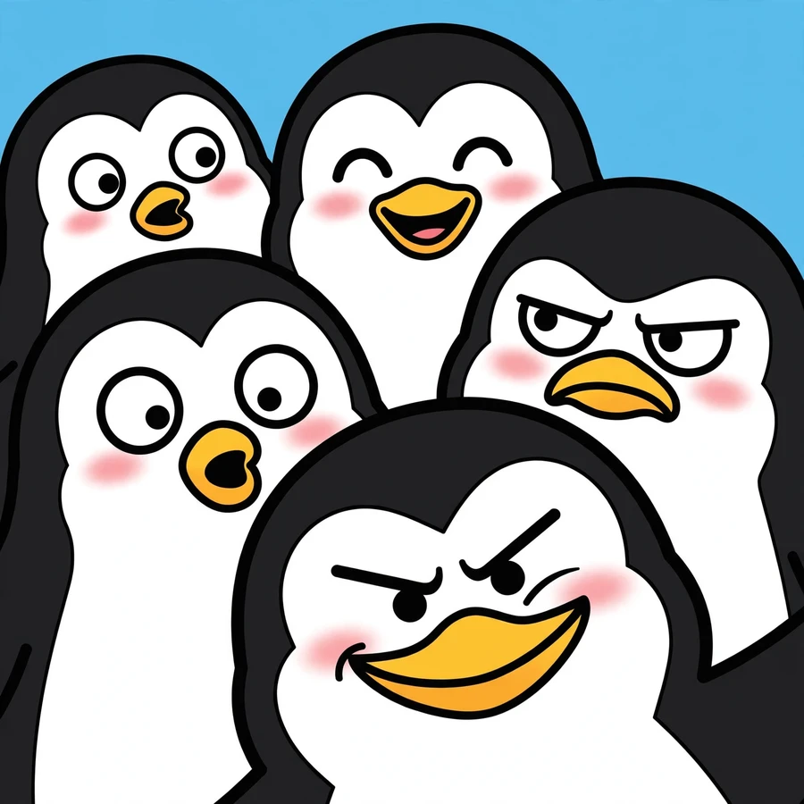 Funny group pfp of penguins with one smirking photobomber in front