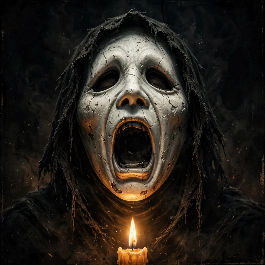 Ghostface pfp: moody candlelit mask portrait with film grain