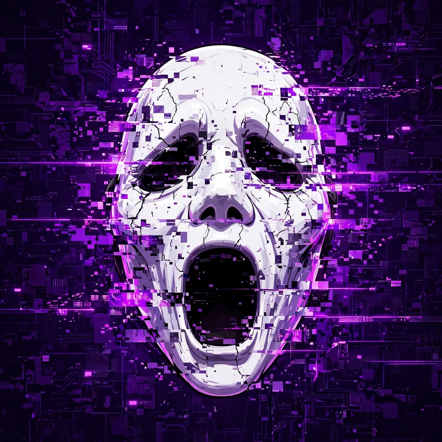 Scream mask pfp: glitch-art ghost face with neon purple static