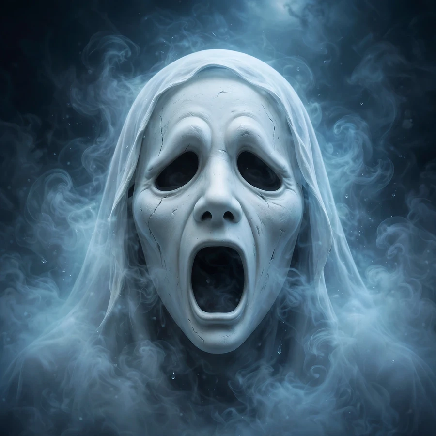 Aesthetic ghostface pfp: mask portrait in soft moonlight mist
